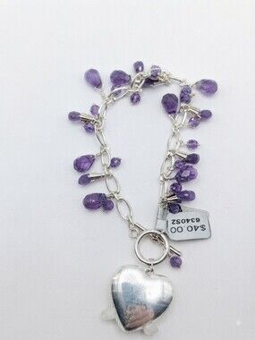 NWT Heart Pendant Charm Bracelet with Amethyst Beads - Silver Tone